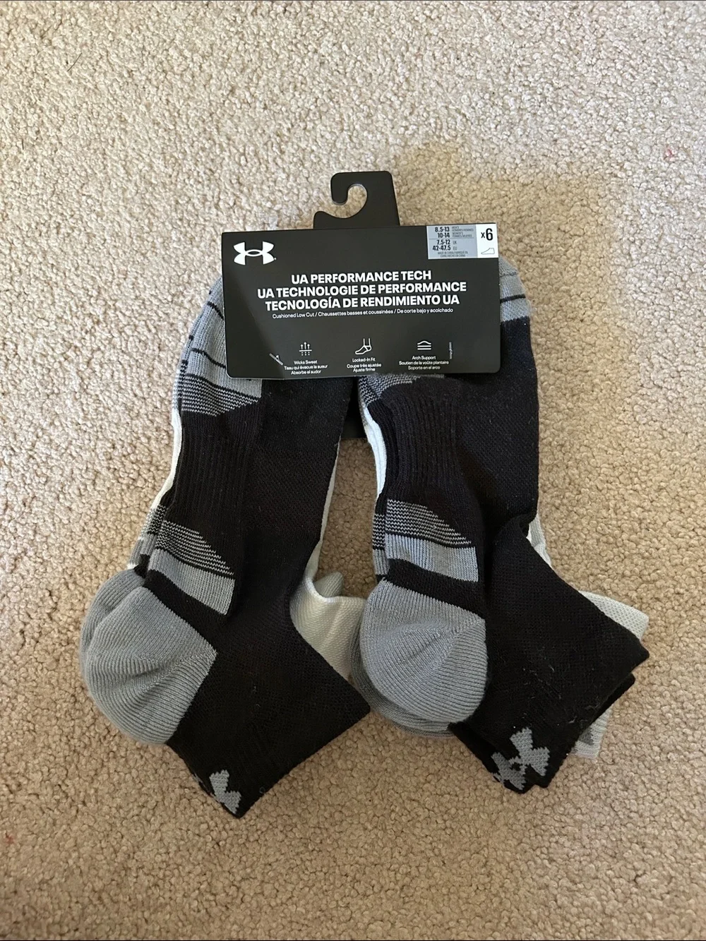 Under Armour Black/grey/white UA Performance Athletic Socks - 6 Pack Sz 8.5-13